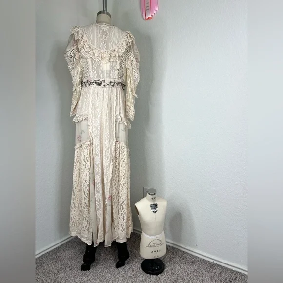 LoveShackFancy Ibis Beaded Ruffle V Plunge Lace Overlay Dress in Magnolia Tea - Picture 9 of 16